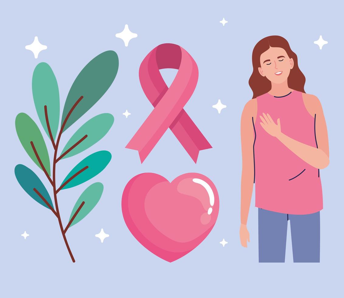 mujer con símbolos de cáncer de mama vector