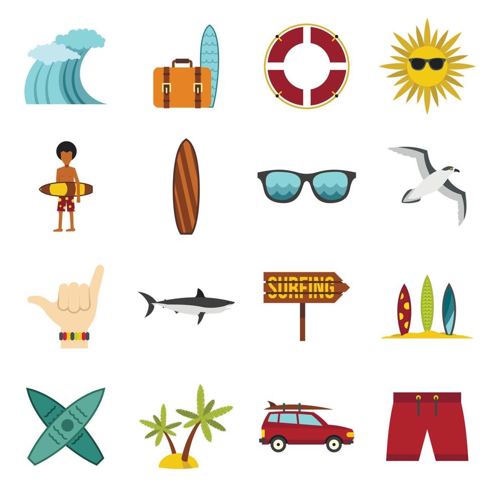 Surfing icons set, flat style vector