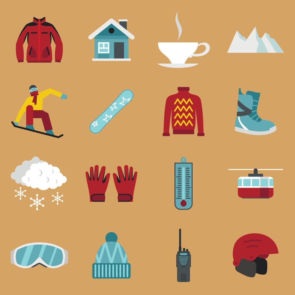 Snowboarding icons set, flat style vector