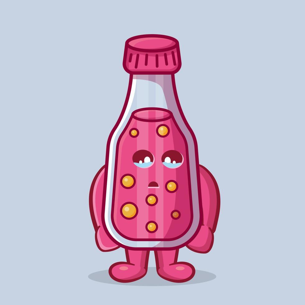 Linda mascota de jugo de botella con expresión triste caricatura aislada en estilo plano vector