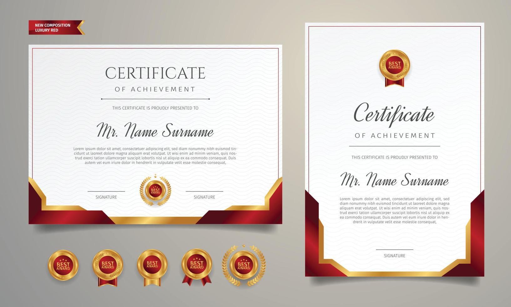 Red and gold diploma certificate border template with badges vector