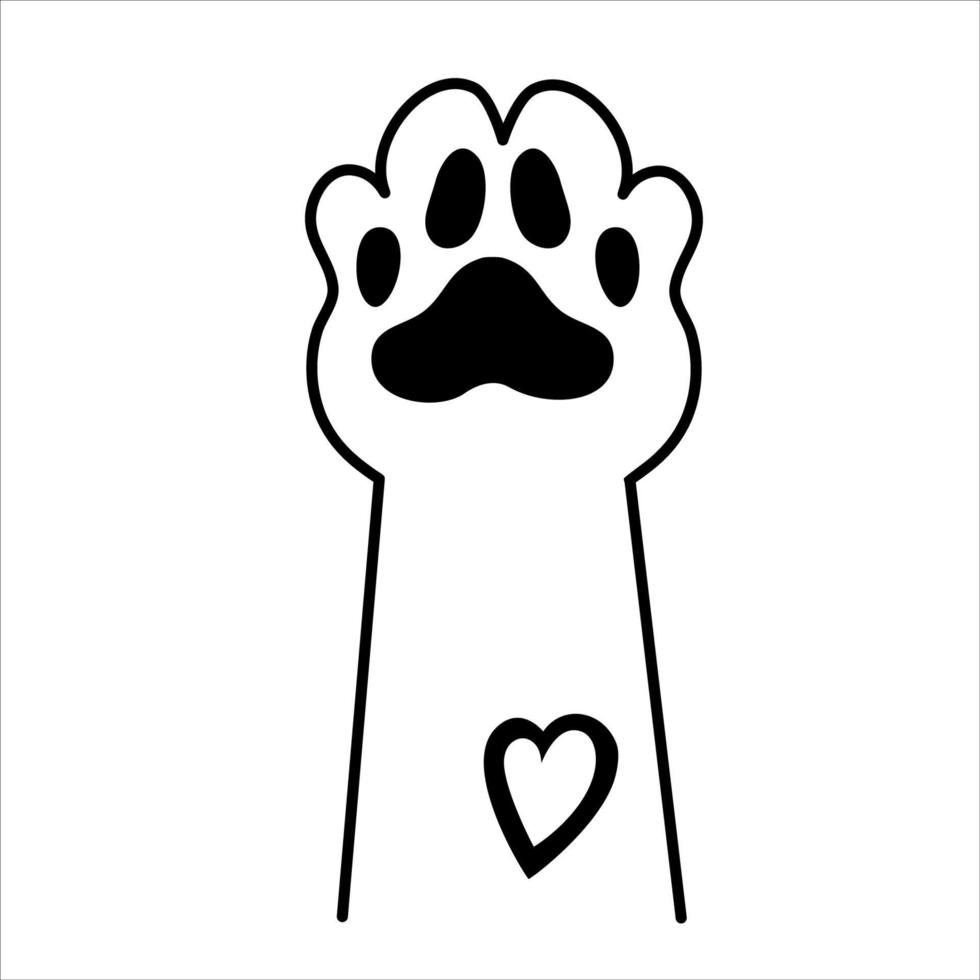 una pata de perro con corazón negro está aislada sobre fondo blanco. ilustración vectorial en estilo doodle. pata de un animal, cachorro o gato vector