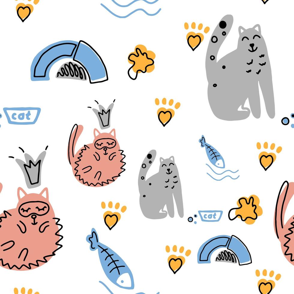 Seamless pattern with cute funny cats. Vector illustration. It can be print and used as wallpaper, packaging, wrapping paper, fabric and etc.