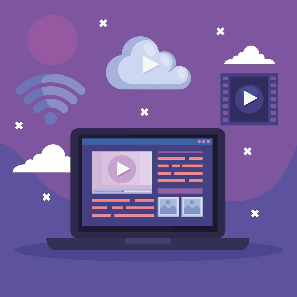 laptop with multimedia content icons vector