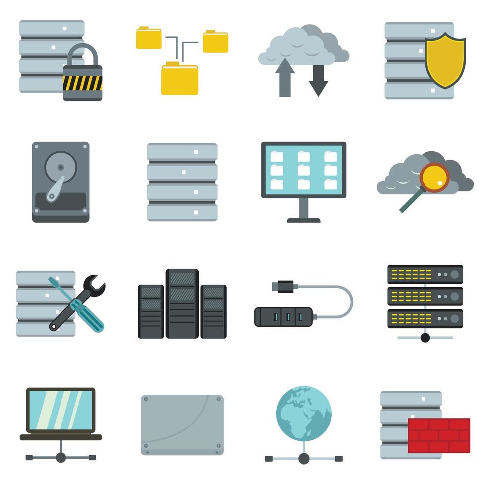 Database icons set, flat style vector