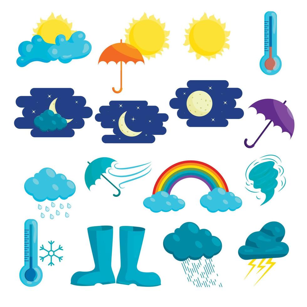 Weather icons set, cartoon style vector