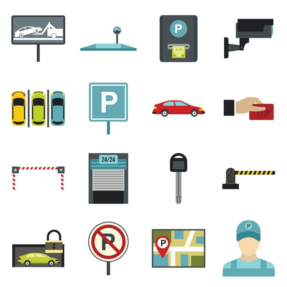 Conjunto de iconos de aparcamiento, tipo plano vector