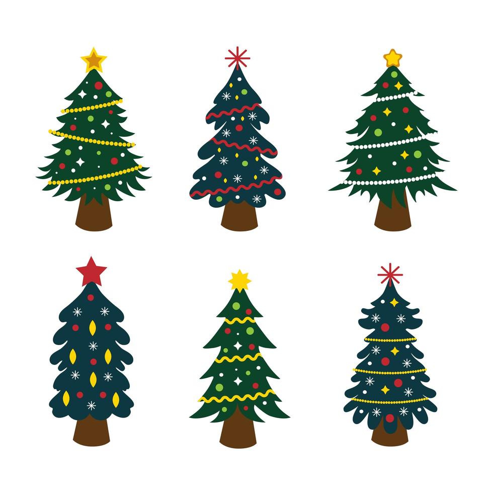 Conjunto de 6 piezas de árboles de Navidad decorados de Navidad sobre un fondo blanco - vector