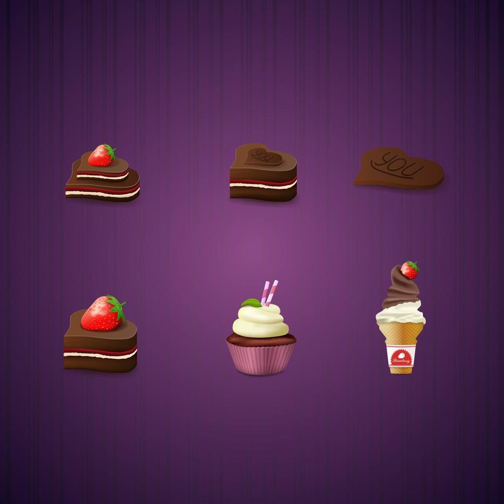Chocolate candies with strawberry, cake and ice cream, set of sweets in cartoon style. vector