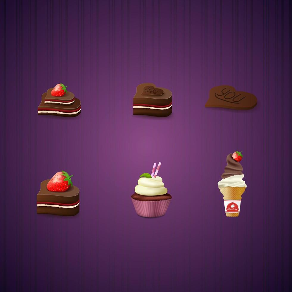 Chocolate candies with strawberry, cake and ice cream, set of sweets in cartoon style. vector