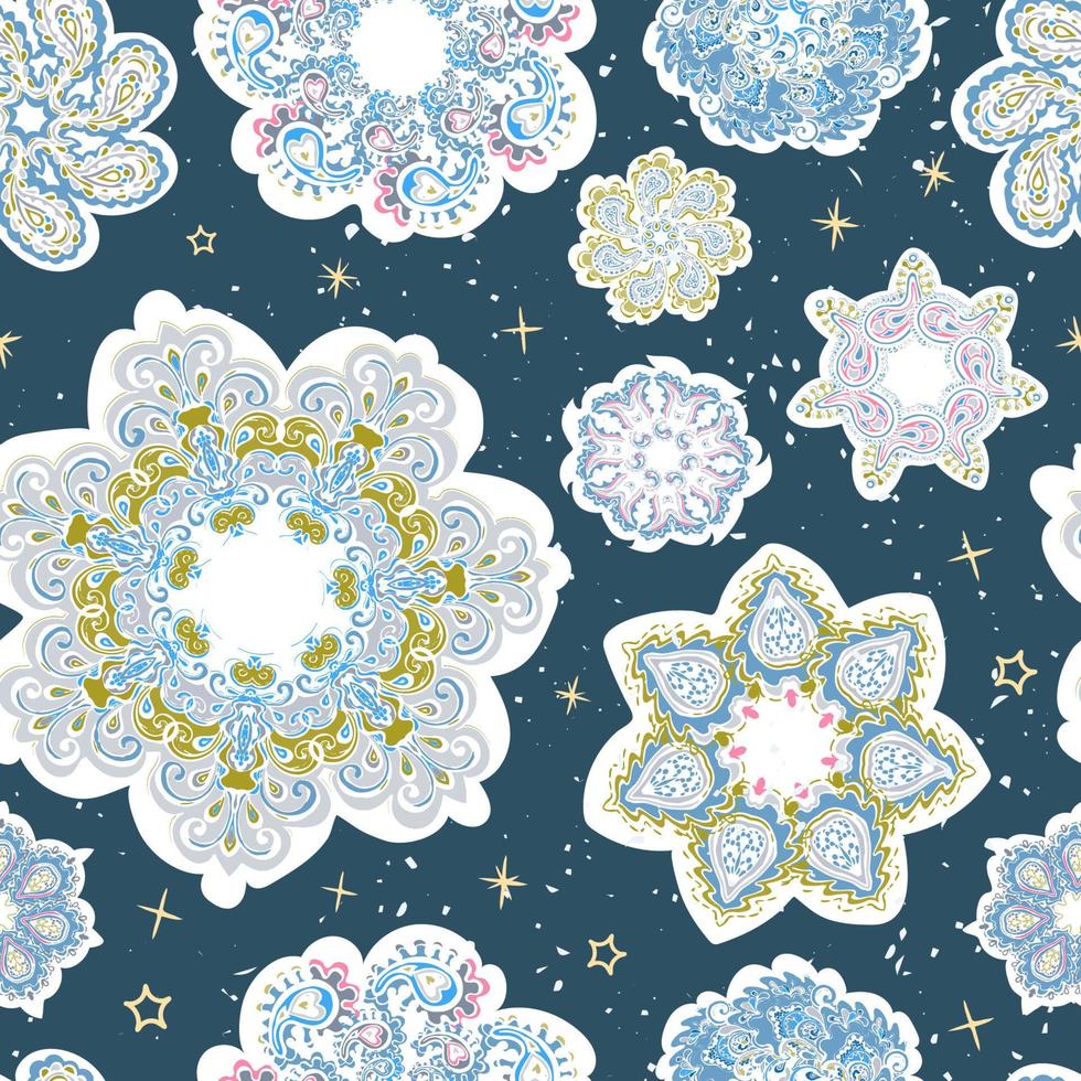 Vector modern seamless pattern with colorful hand draw illustration of snowflakes. Use it for wallpaper, textile print, fills, web page, surface textures, wrapping paper, design of presentation