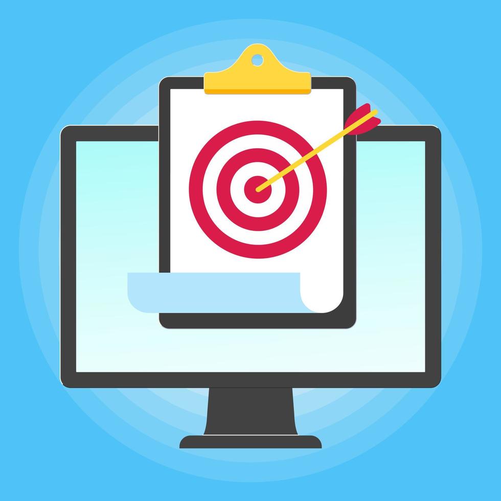 Monitor or All in one pc flat design with clipboard and target icon with arrow  popped above the screen icon signs vector illustration. Technology concept of targeting isolated on blue background.