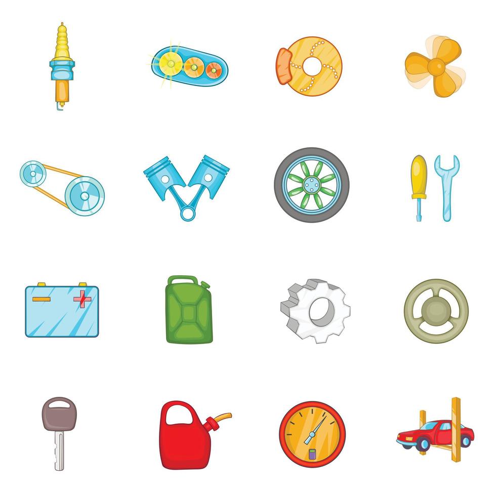 Auto spare parts icons set, cartoon style vector