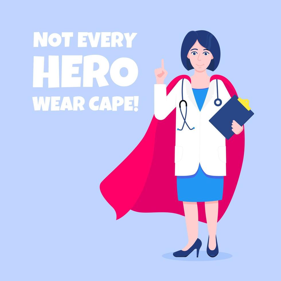 Young adult doctor with hero cape behind hospital medical employee fights against diseases and viruses on frontline flat style vector illustration. Doctor physician medical clinic staff new hero.