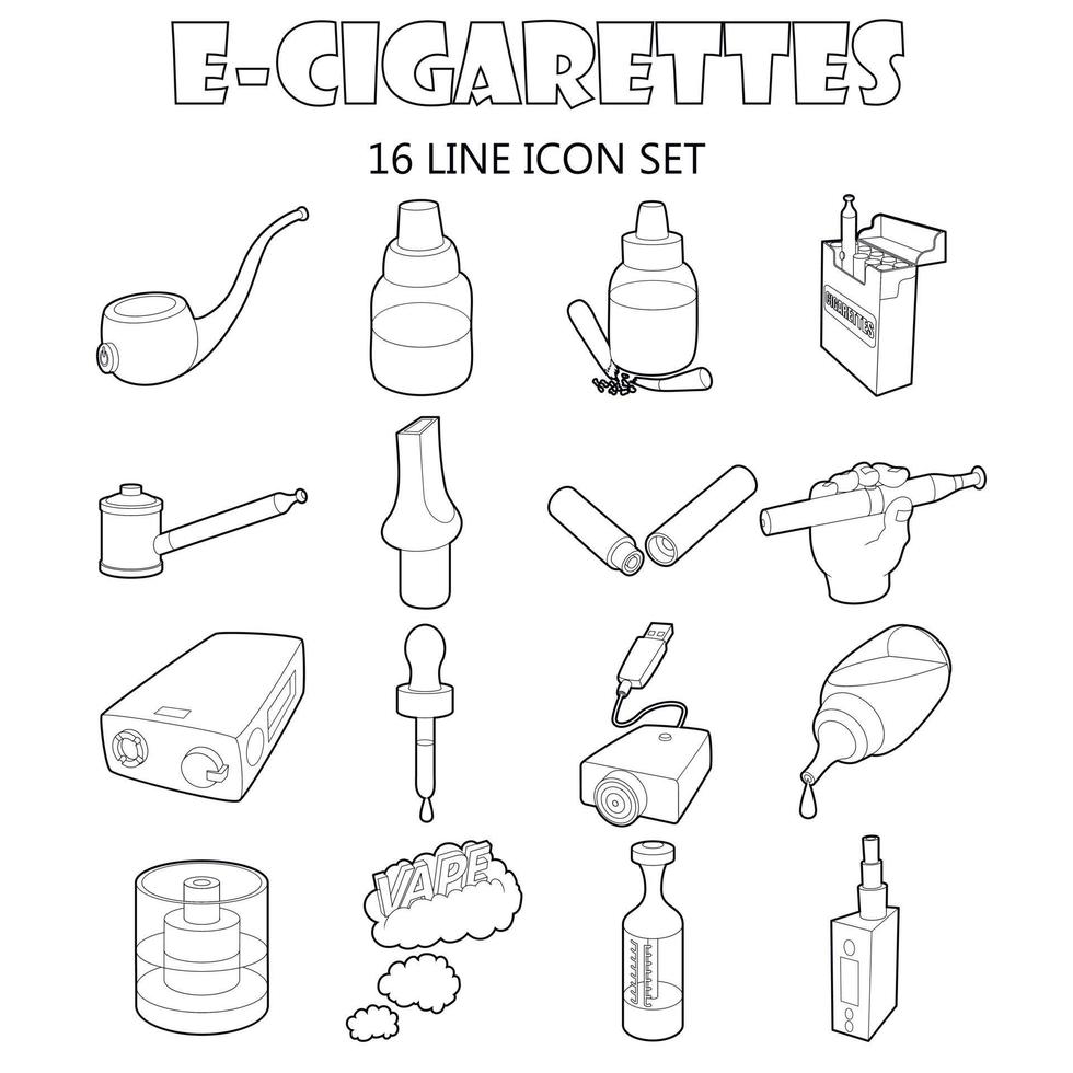 Conjunto de iconos de cigarrillos electrónicos, estilo de contorno vector