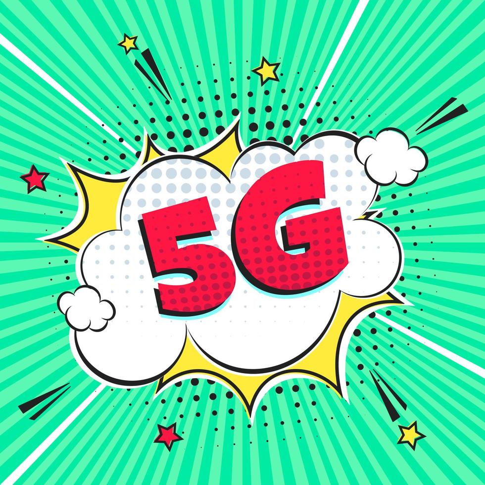 5G new wireless internet wifi connection comic style speech bubble exclamation text 5g flat style design vector illustration isolated on rays background. New mobile internet 5g sign icon in balloon.