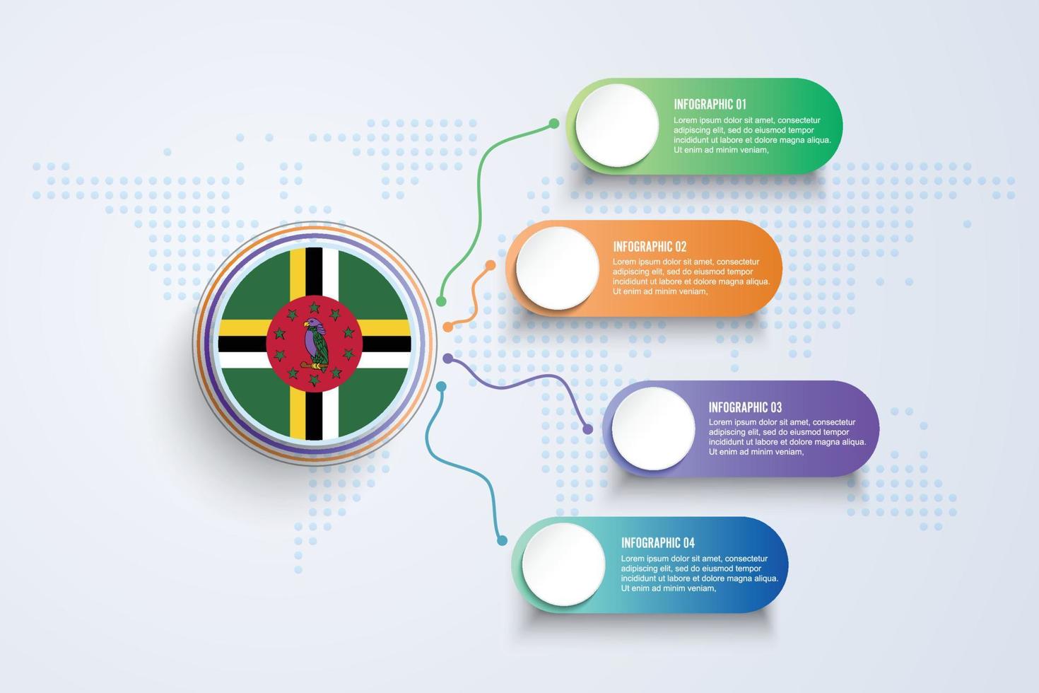 Dominica Flag with Infographic Design isolated on Dot World map vector