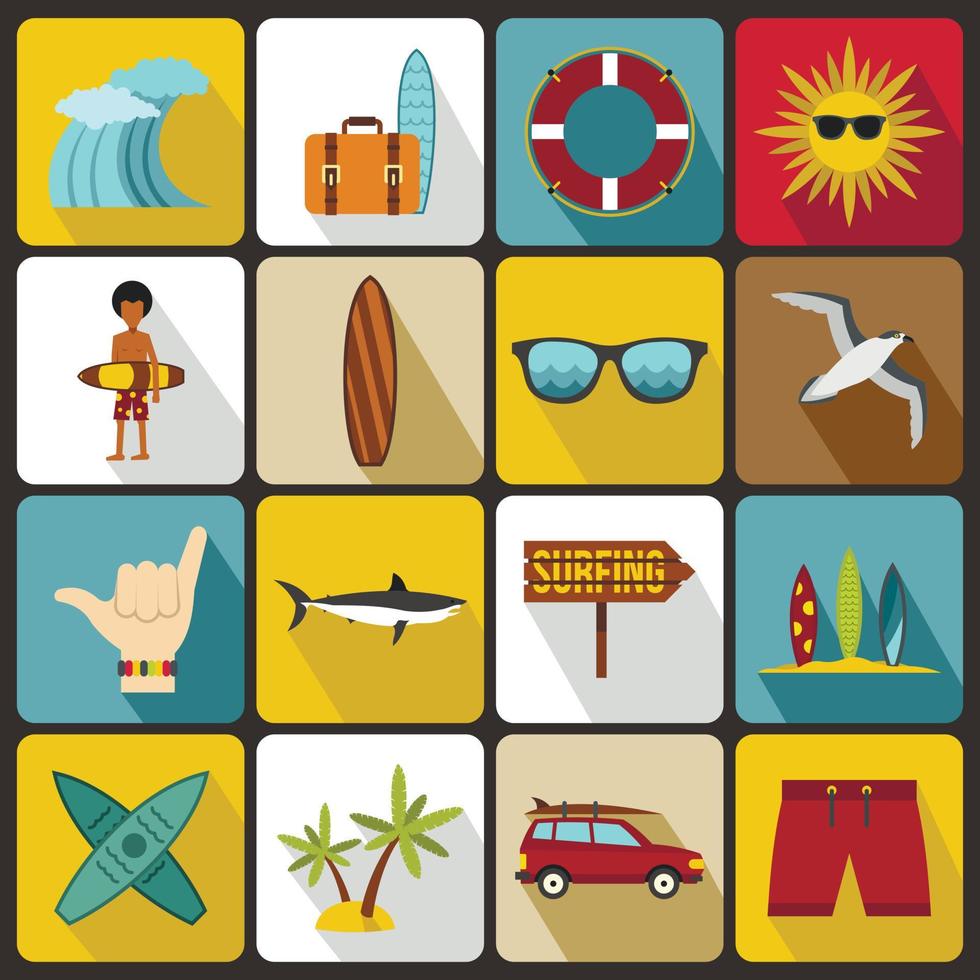 Surfing icons set, flat style vector