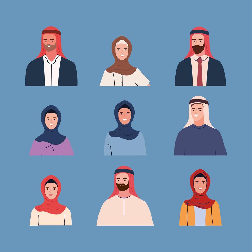 Conjunto de personas musulmanas en traje tradicional. vector