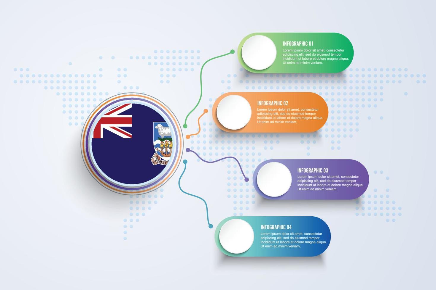 Bandera de la isla de Malvinas con diseño infográfico aislado en el mapa mundial de puntos vector