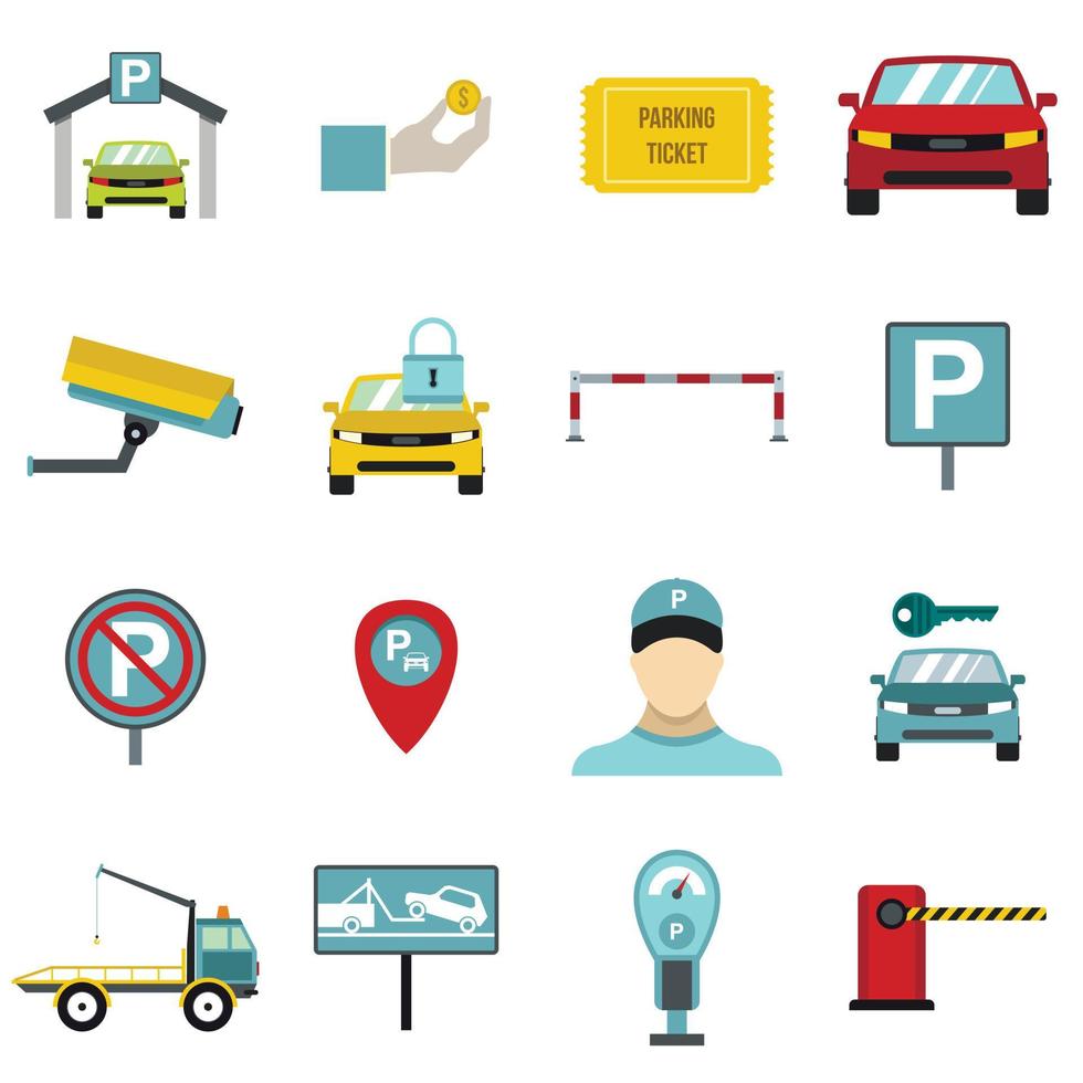 Parking icons set, flat style vector