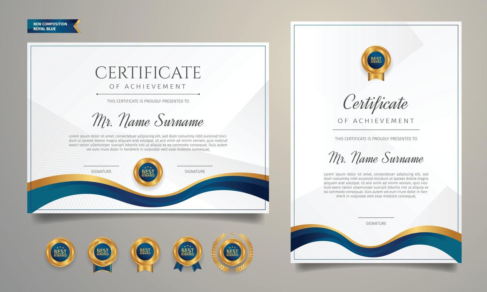 Blue and gold certificate with badge and border A4 template for award vector
