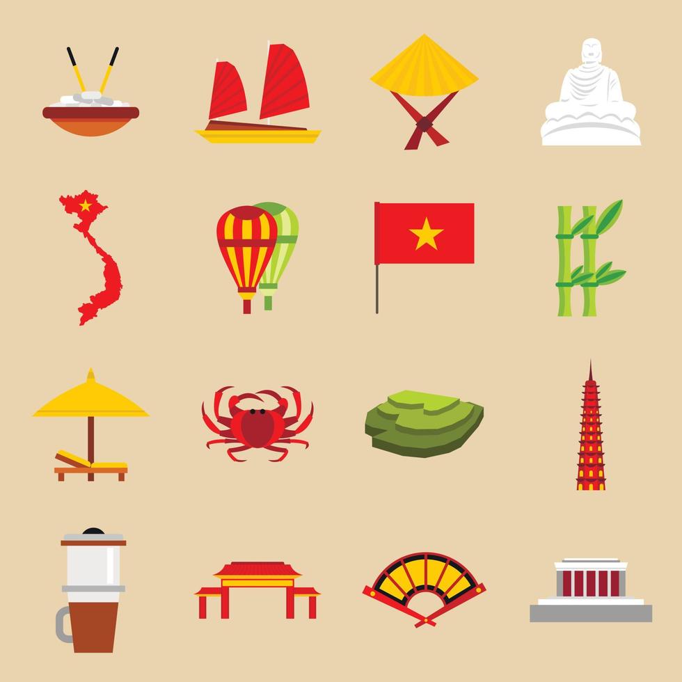 Vietnam travel icons set, flat style vector