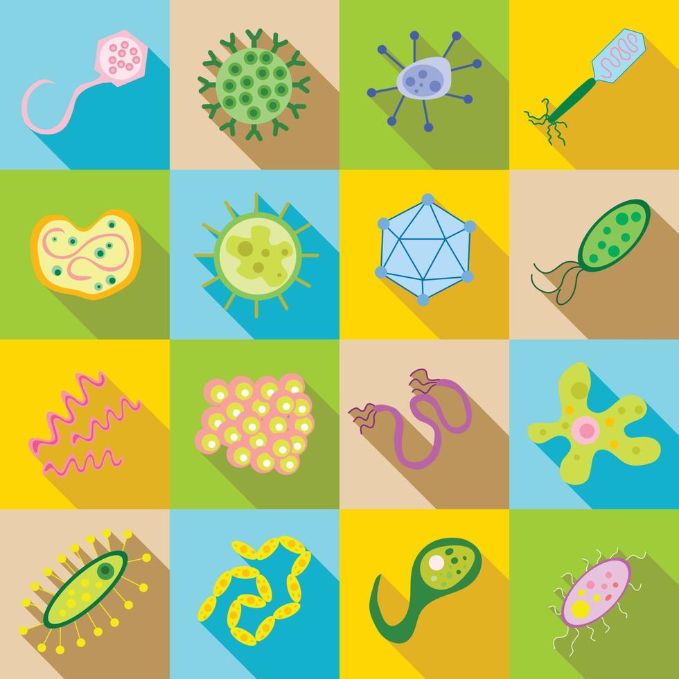 Germ and pathogen icons set, flat style vector
