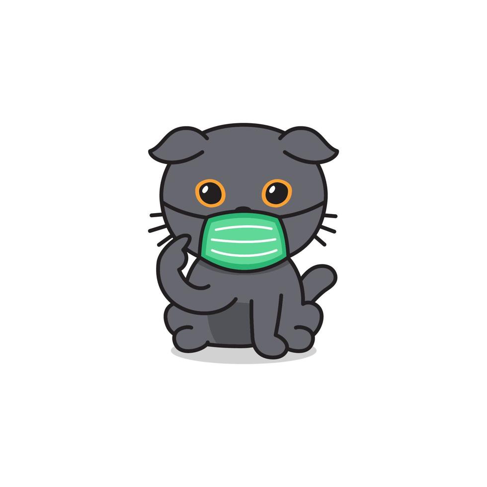 Cartoon character scottish fold cat wearing protective face mask vector