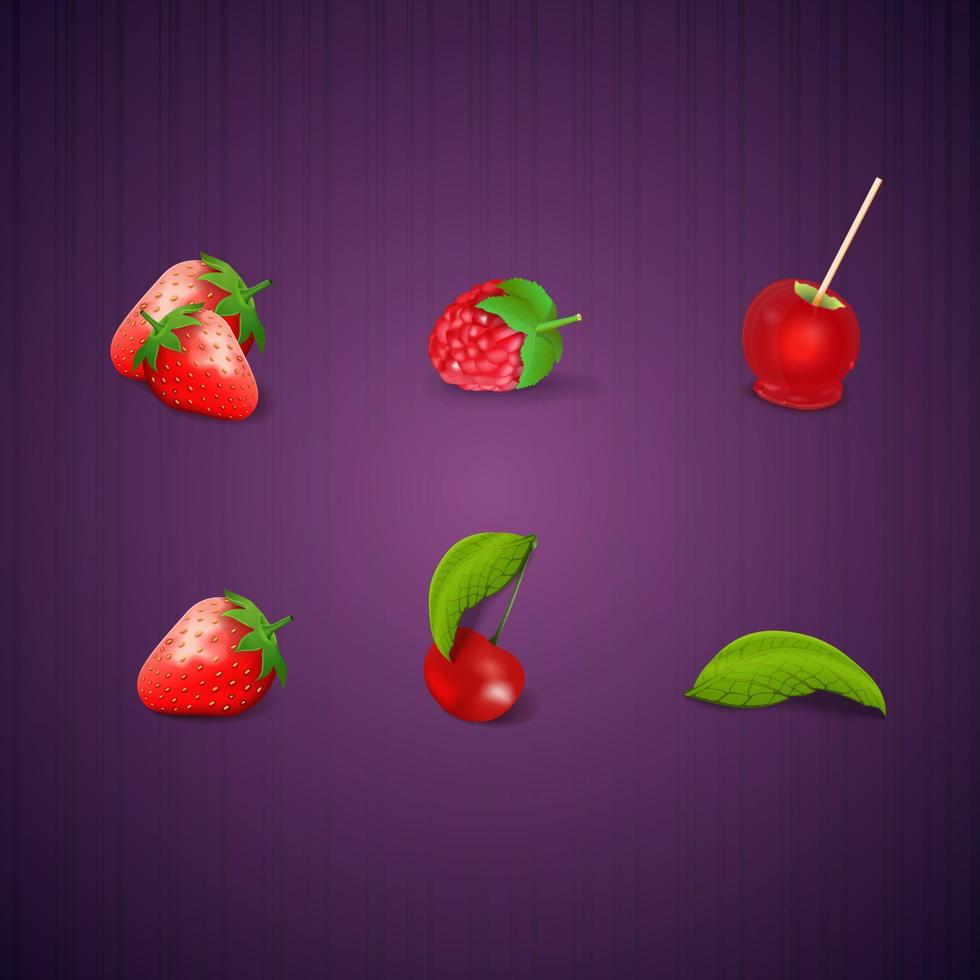 frambuesas, fresas, manzana y cereza, conjunto de bayas y frutas en estilo de dibujos animados. vector