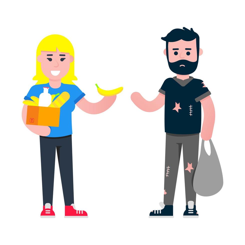 Volunteer helps homeless man with food. Volunteers helping homeless by feeding him and take things flat style design vector illustration isolated white background. Poor man and woman with box of food.