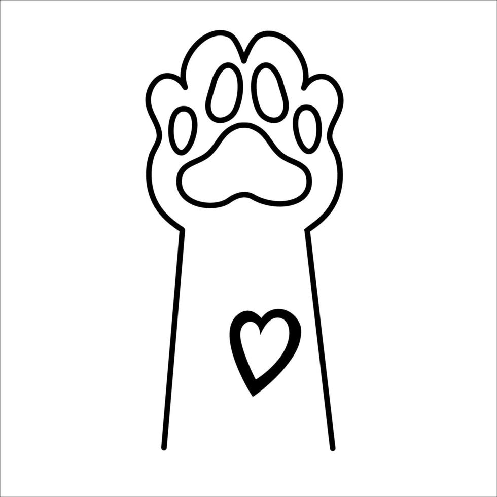 una pata de perro con corazón negro está aislada sobre fondo blanco. ilustración vectorial en estilo doodle. pata de un animal, cachorro o gato. vector