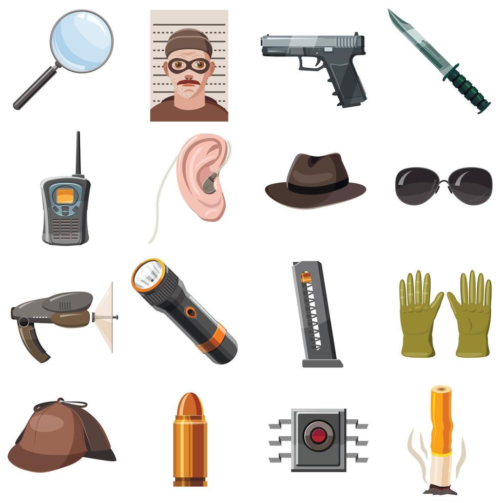 Spy icons set, cartoon style vector