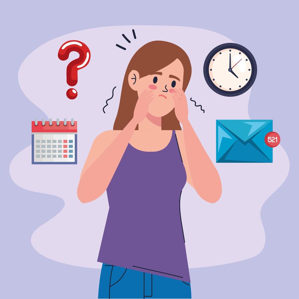 stressed woman with work icons vector