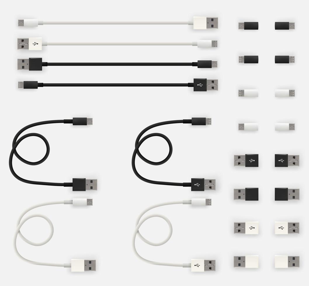 Realistic 3D USB micro cables and connectors vector