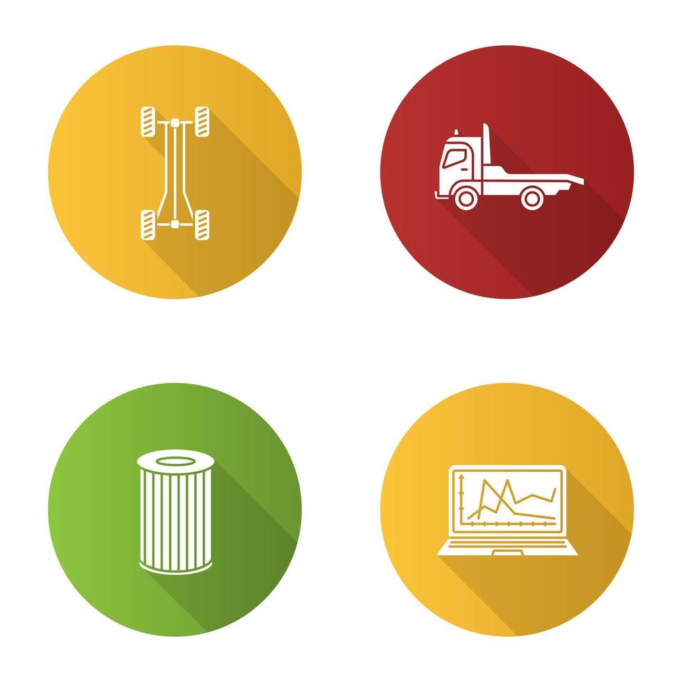 Auto workshop flat design long shadow glyph icons set vector