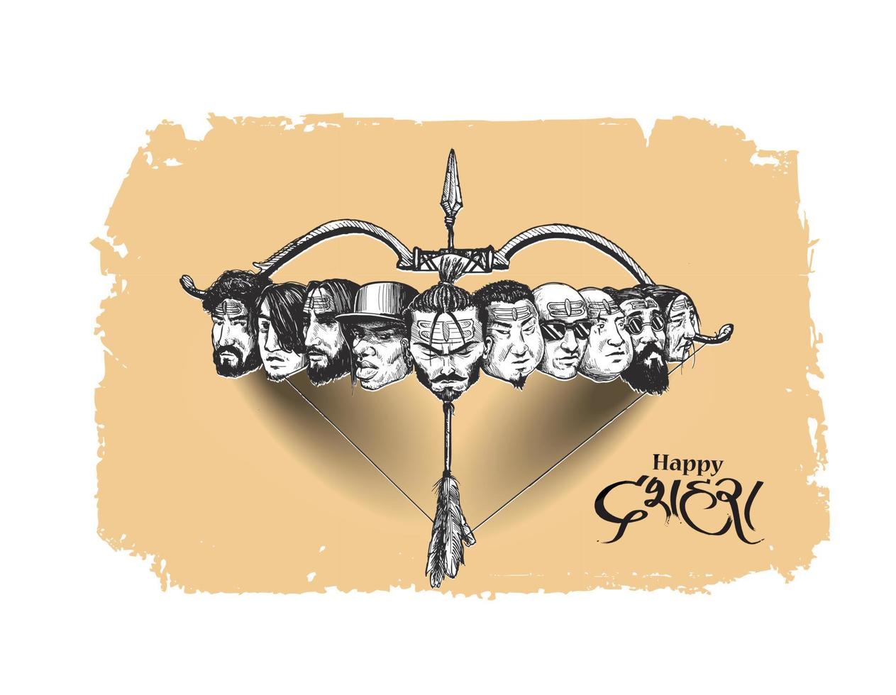 Dussehra Celebration - Ravana ten Heads with Bow and Arrow, Hand Drawn Sketch Vector illustration.