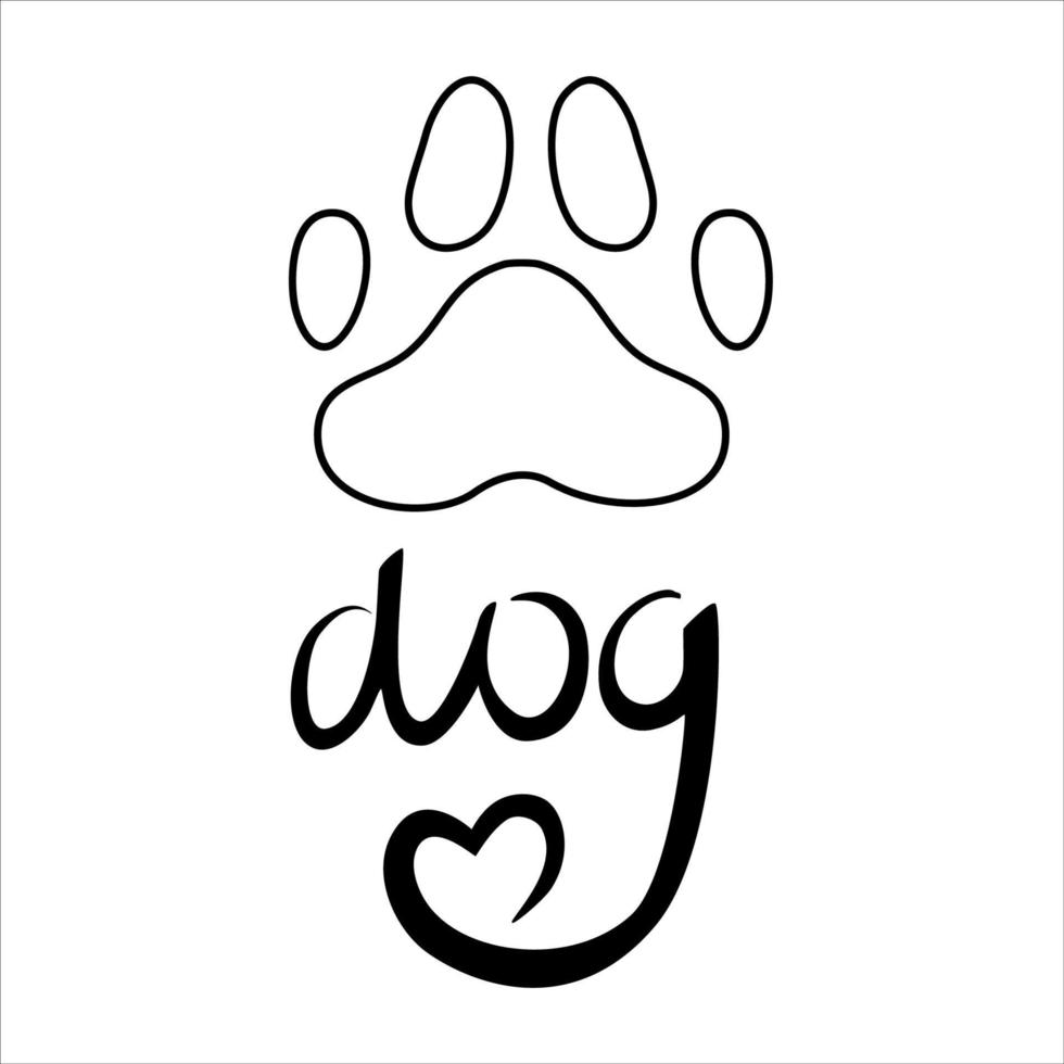 A dog's paw with black heart is isolated on white background. Vector illustration in doodle style. Paw of an animal, a puppy with the inscription dog