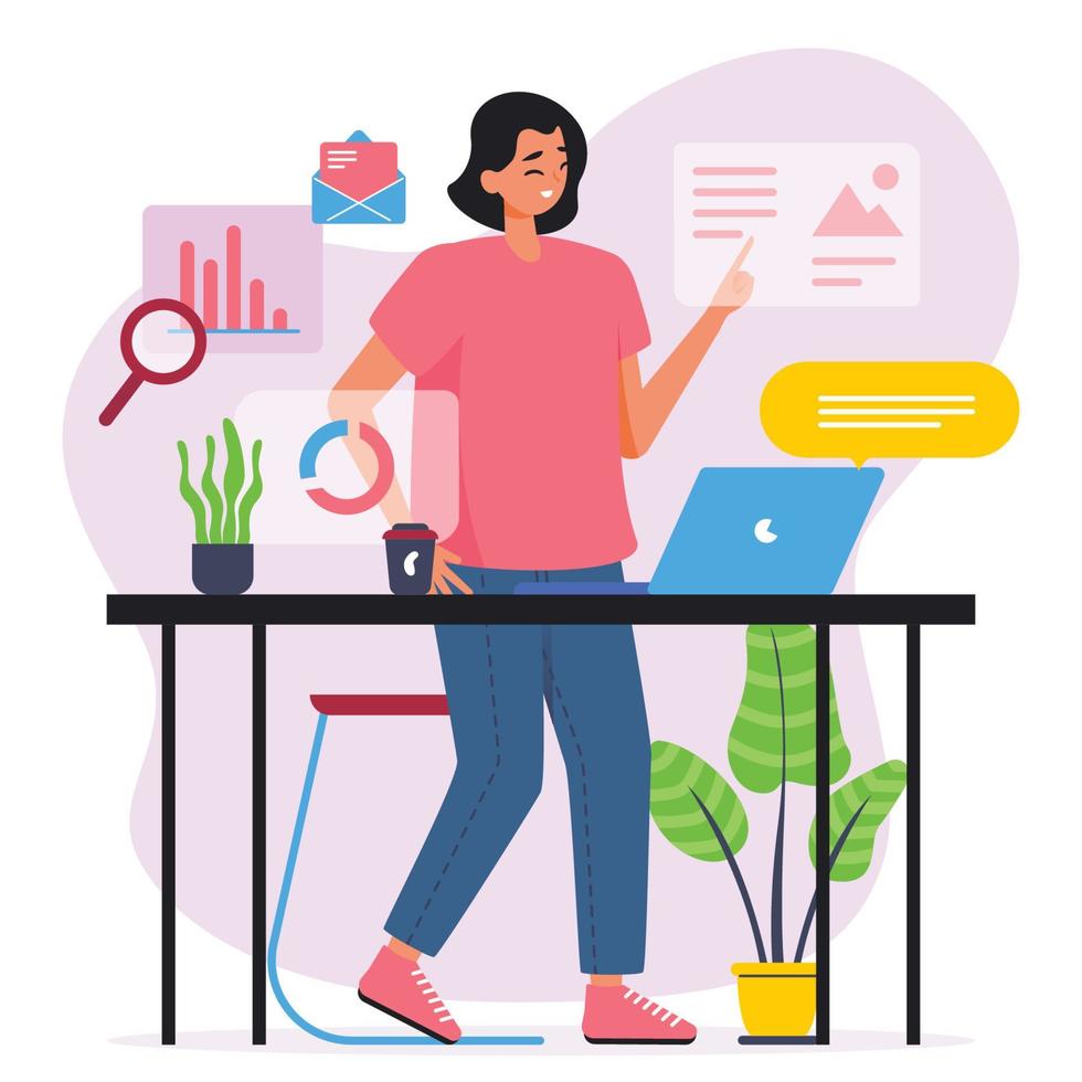 Woman Analyzes SEO Analytics Technology vector