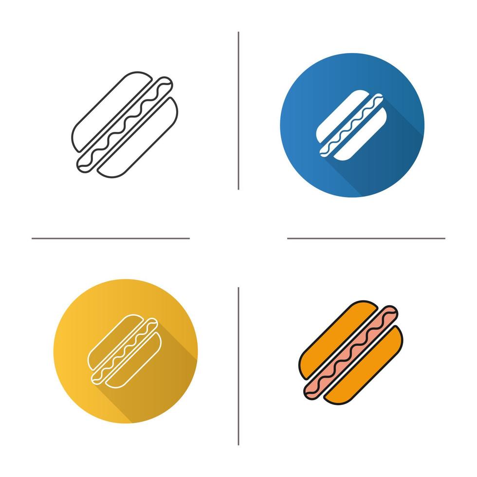 American hot dog icon. Flat design, linear and color styles. Sausage in dough. Isolated vector illustrations