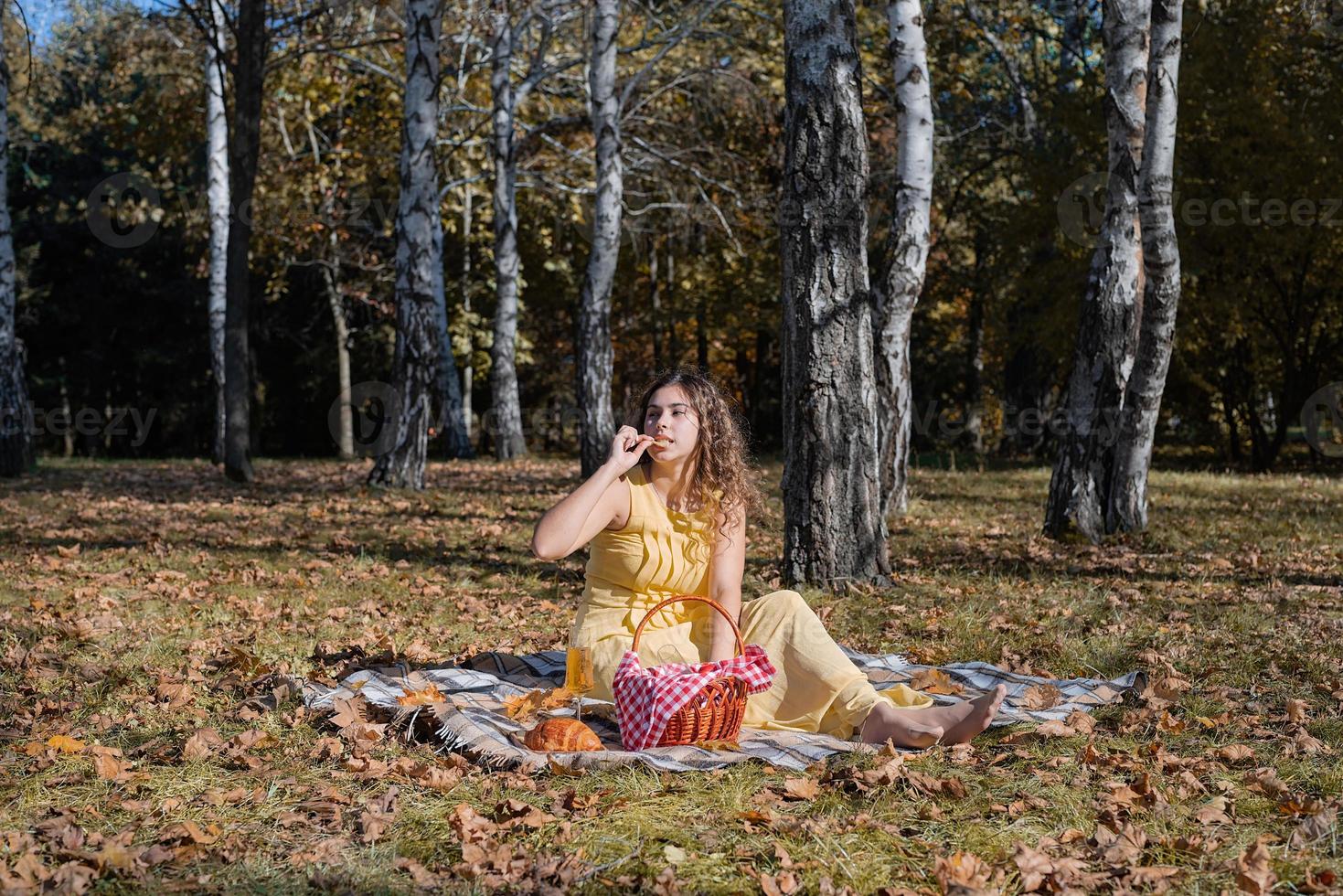 Beautiful woman in yellow dress on a picnic photo