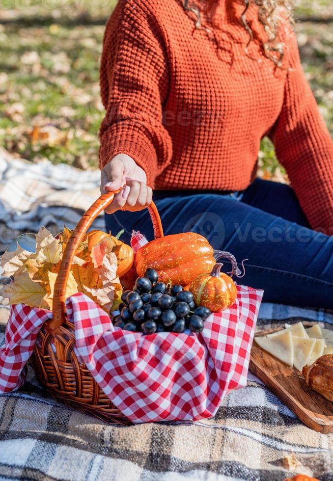 Bella mujer en suéter rojo en un picnic en un bosque de otoño foto
