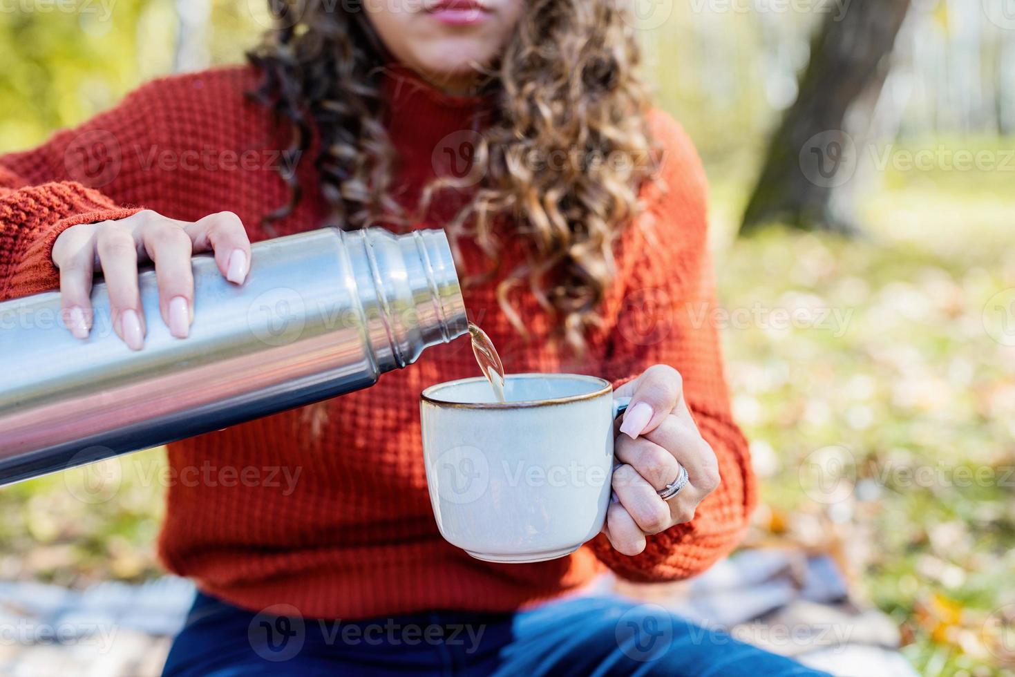 Bella mujer en suéter rojo en un picnic en un bosque de otoño foto