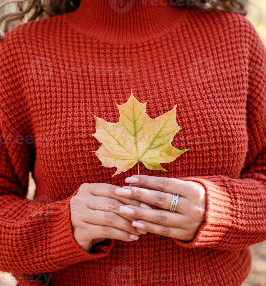 Young happy woman gathering leaves in autumn forest photo