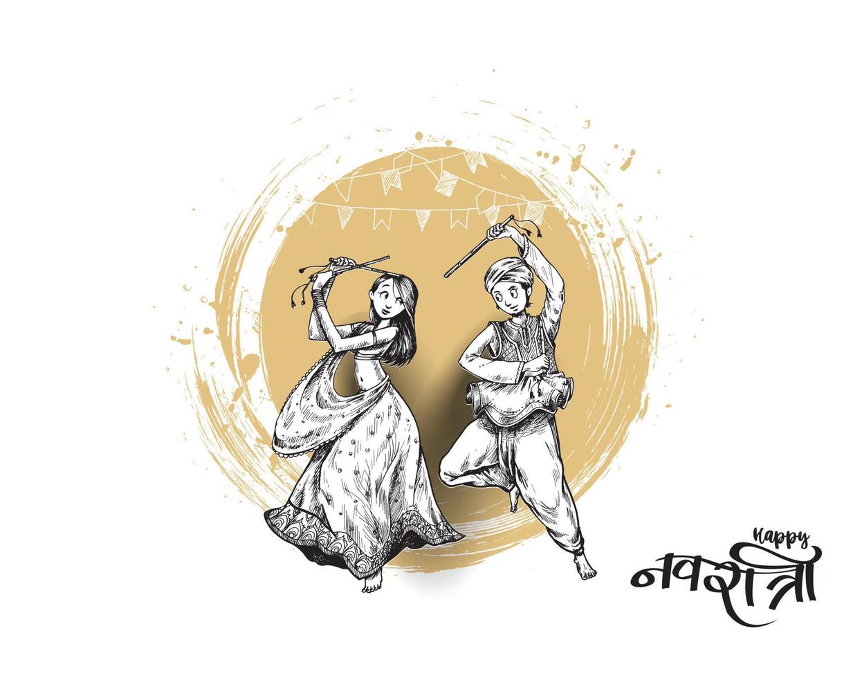 Celebrate navratri festival with dancing garba men  woman design vector, Hand Drawn Vector illustration.