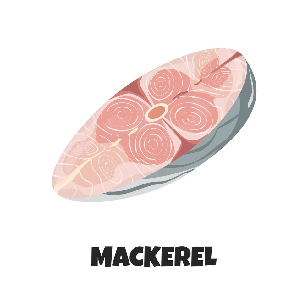 Vector Illustration of Steak of Mackerel. Concept Design of Fresh Sea Fish in Cartoon Flat Style. Raw Steak, Fillet or Piece of Ocean Fish isolated on White Background