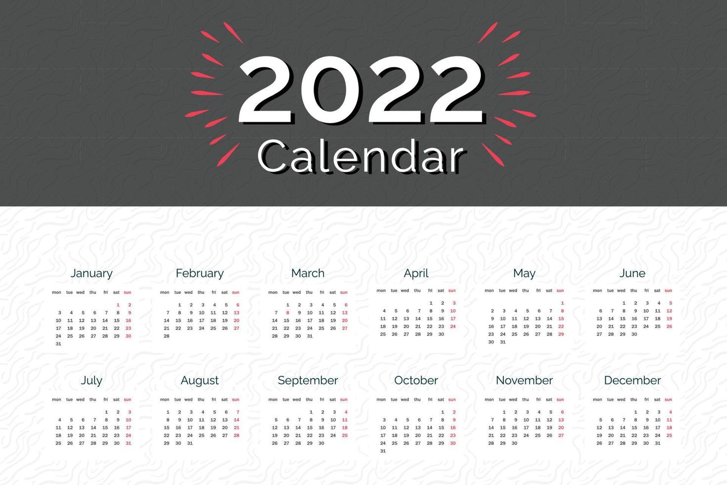 2022 calendar template set for corporate. new year calendar planner start from monday vector