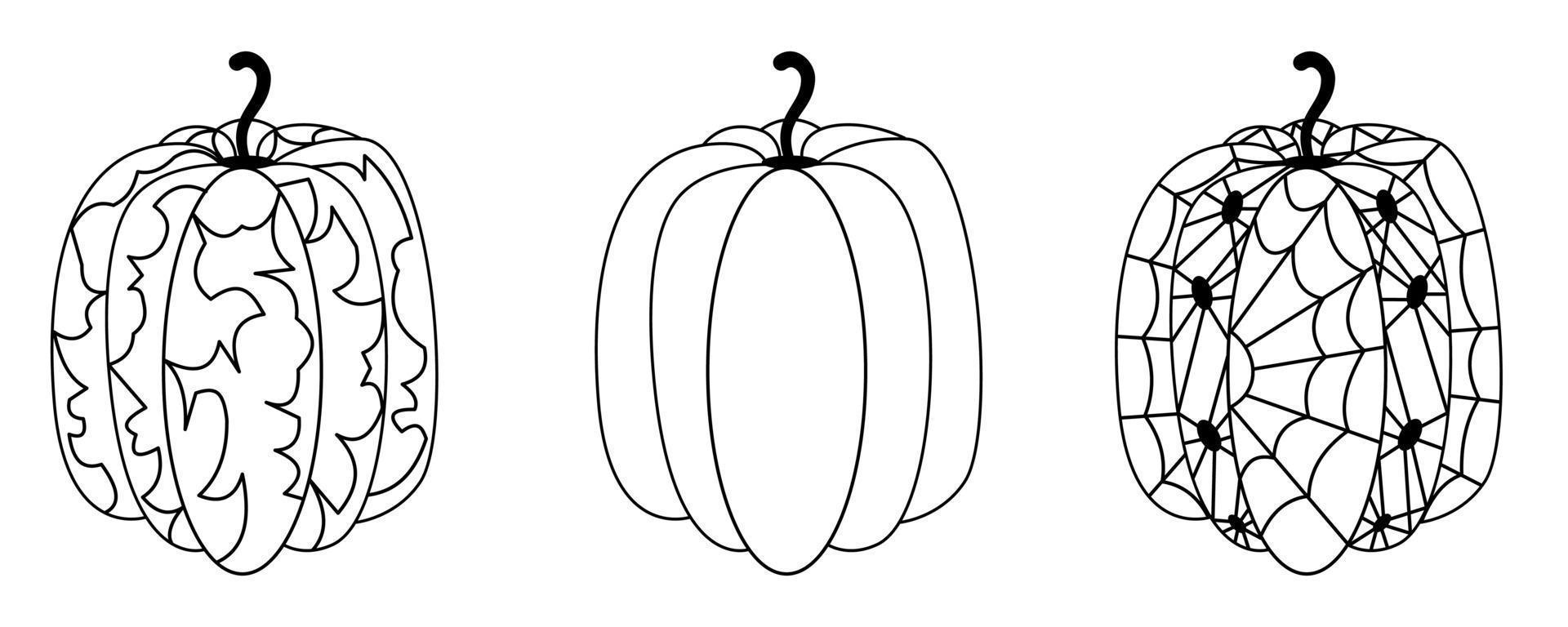 Set black and white pumpkins Halloween. Contoured pumpkins with abstract pattern, with spiders and cobwebs, simple. Vector illustration in a simple outline style for Halloween holiday, decoration