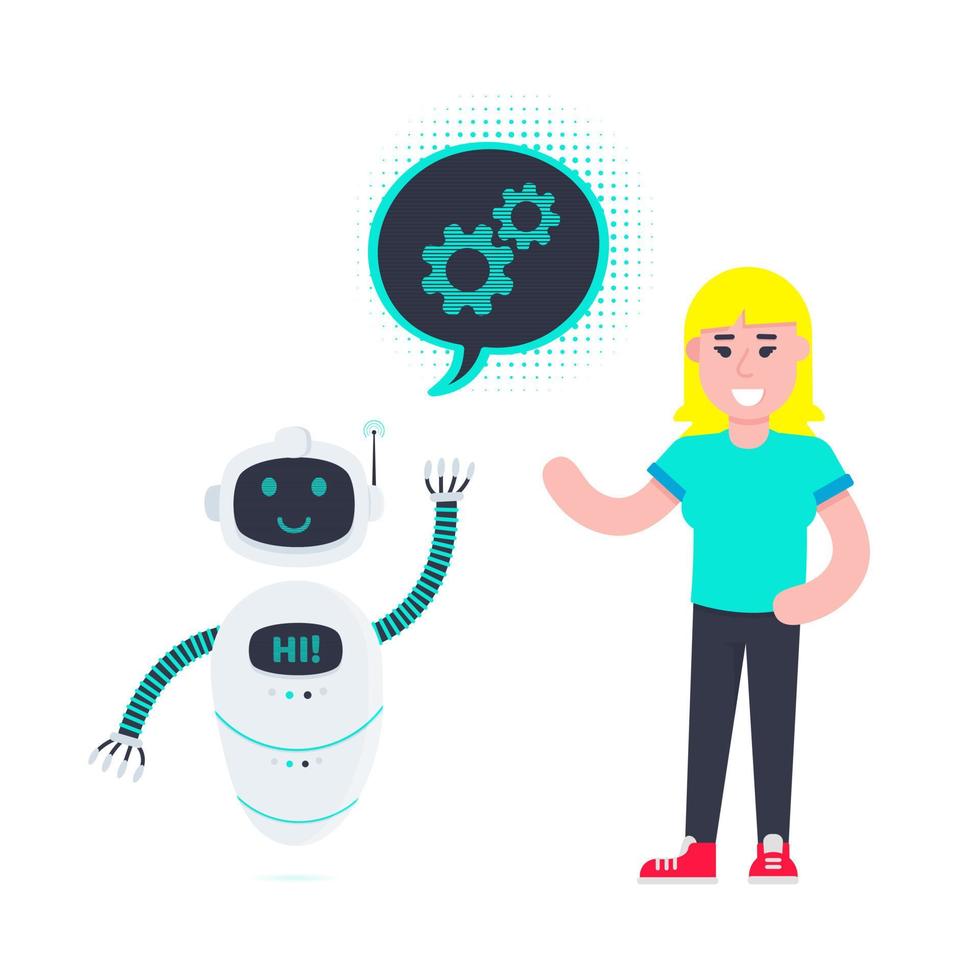 Robot chatbot head icon sign in the speech bubble talking with girl vector