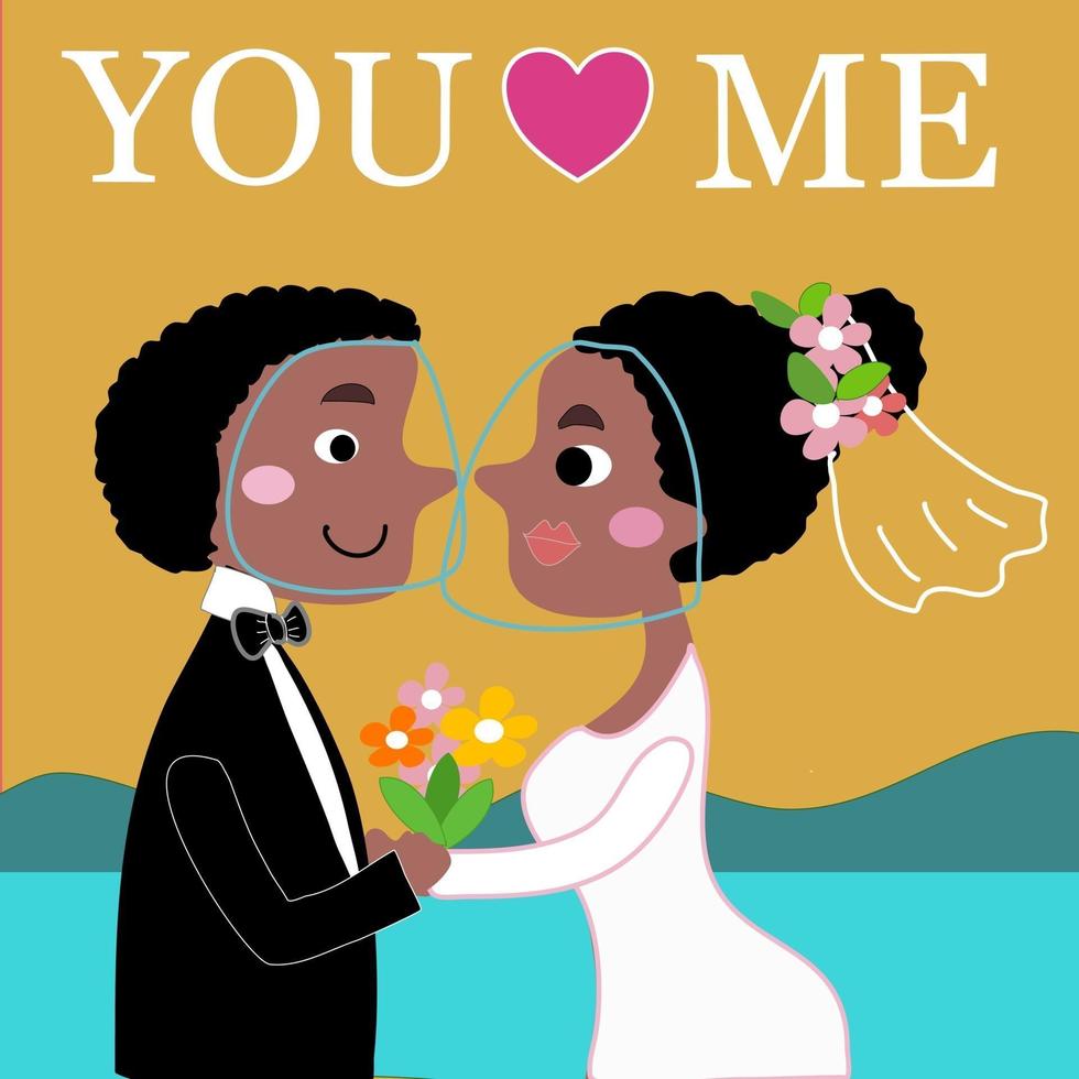 bride and groom love in covid -19 cute hand drawn cartoon vector of couple wearing face shields holding each other hands and flower bouquet in their beach wedding in to prevent coronavirus.